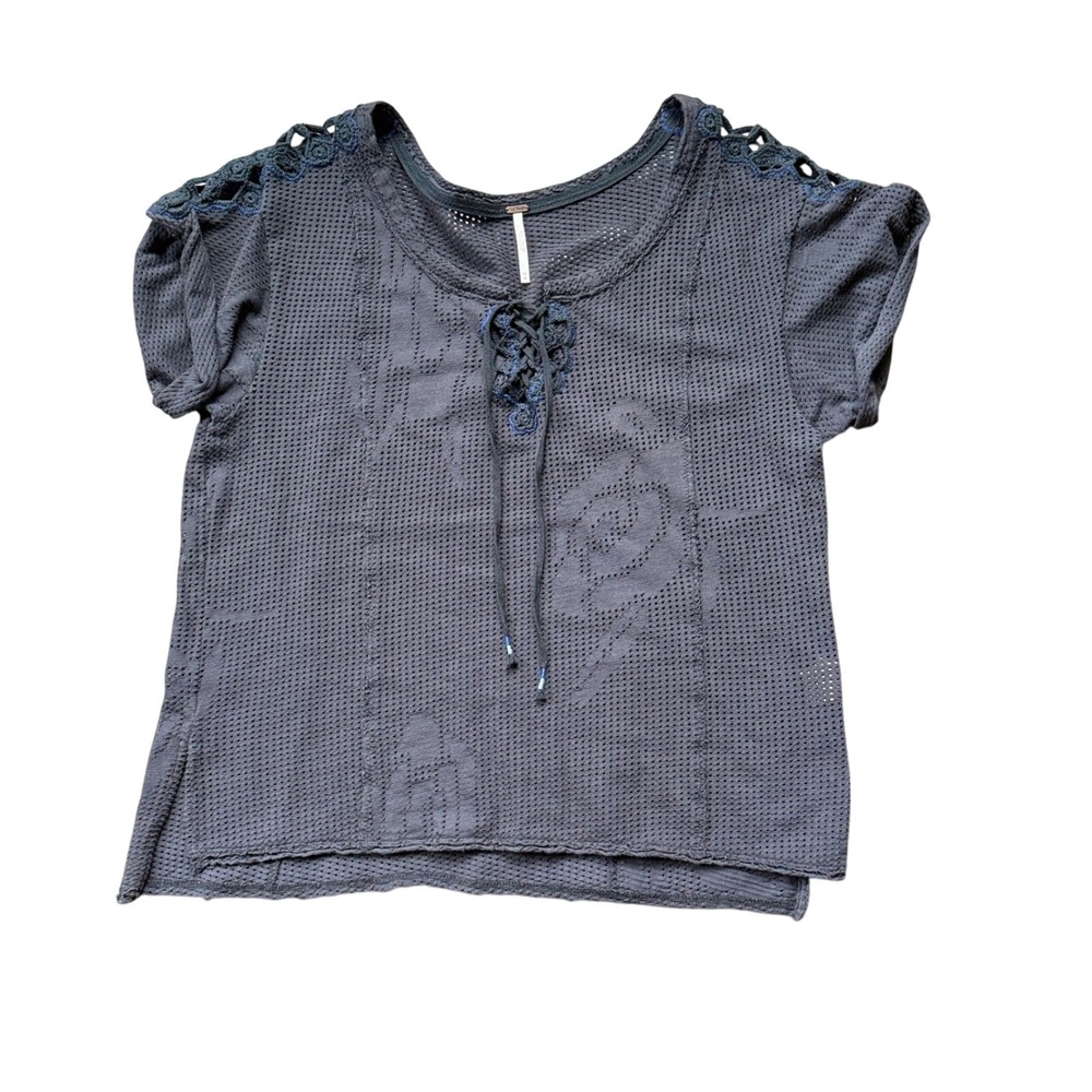 Free People Mesh Top Women Size M Gray Excellent Crochet Lace Up Boho OB32054